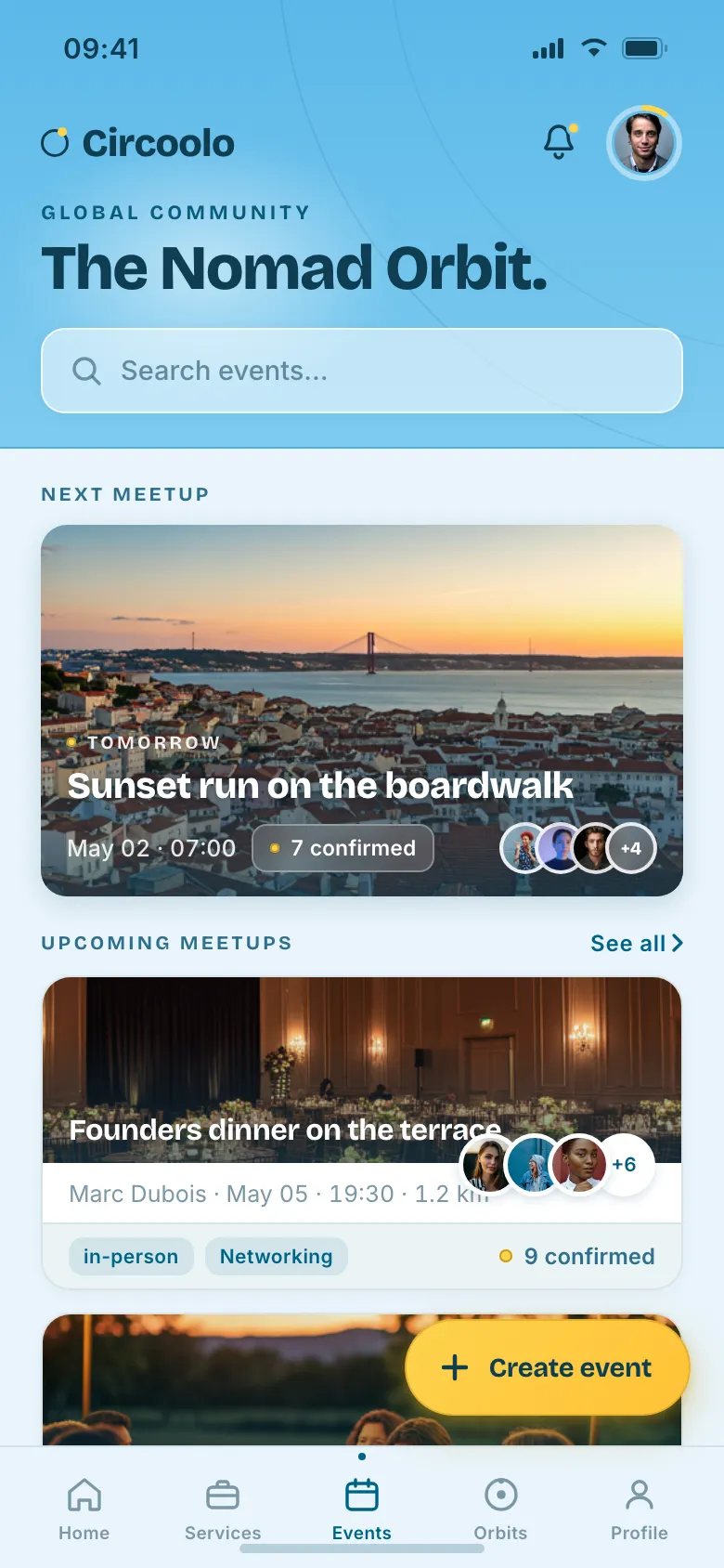 The Circoolo events screen showing upcoming nomad meetups with distance and time