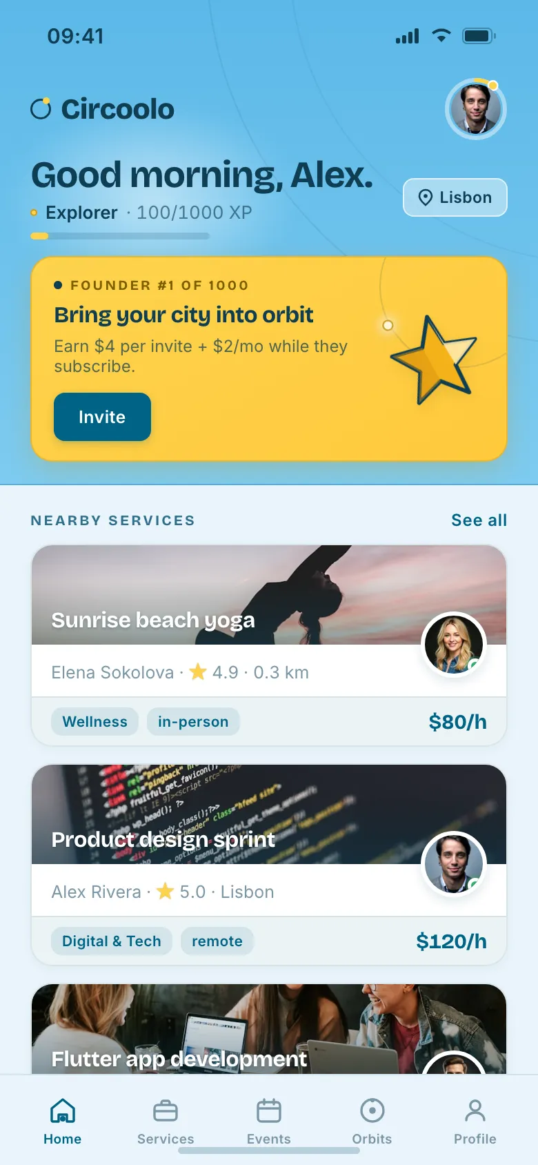 The Circoolo home screen with a reputation score and quick actions to post a service or find a connection