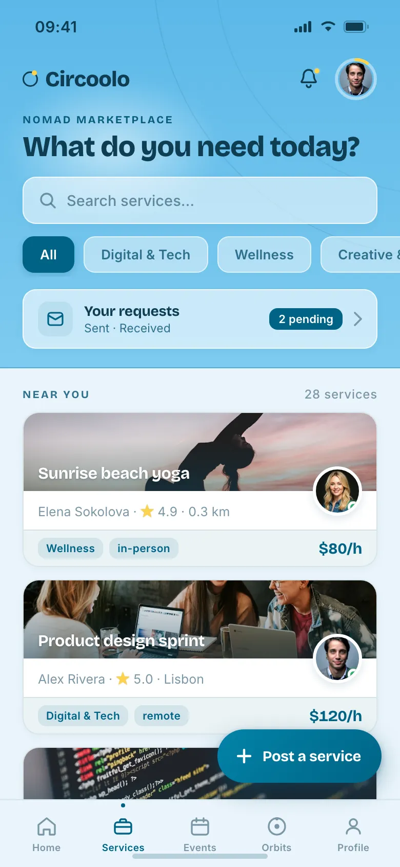 The Circoolo marketplace, listing nomad services filtered by category with a Post a Service button