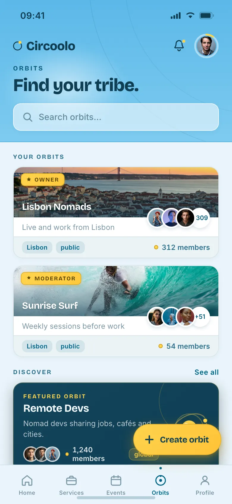 The Circoolo Orbits screen, showing community hubs digital nomads can discover and join